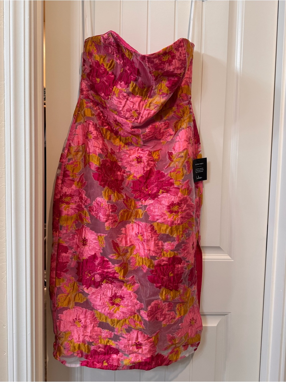 Lulu's Pink and Gold Floral Strapless Dress